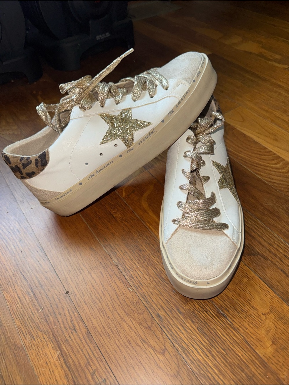 ShuShop White Sneakers with Gold Glitter Star & Leopard Heel